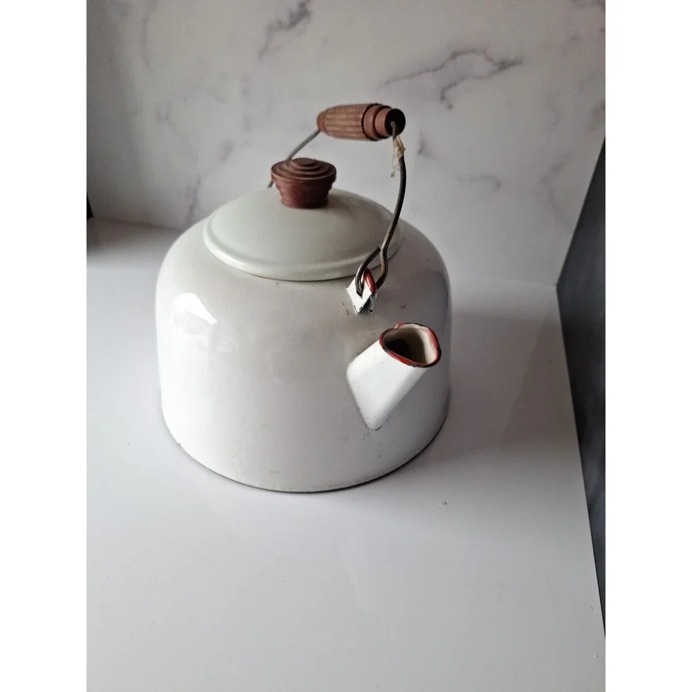 Vintage Antique 1960's Enamel Tea Pot White Red & Brown Trim Very Good Condition